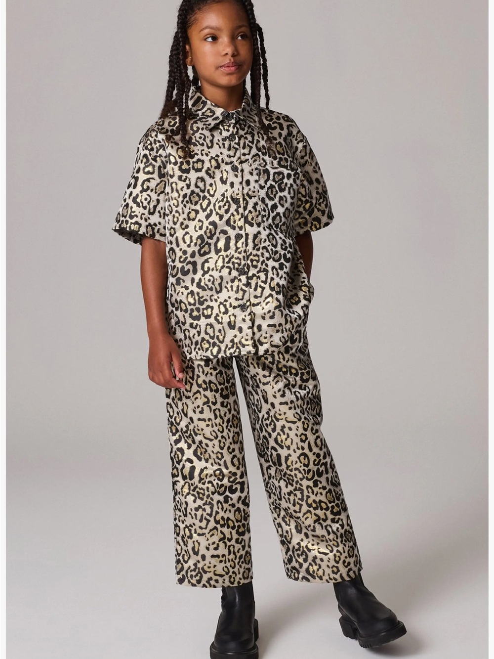 NWT ALLSAINTS Girls Leopard Button Down Shirt Pants Matching Set Sz 10-11